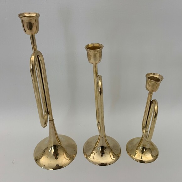 Vintage Brass Bugle Horn Trumpet Christmas Candlesticks Candle Holders Lot of 3 - Picture 11 of 11